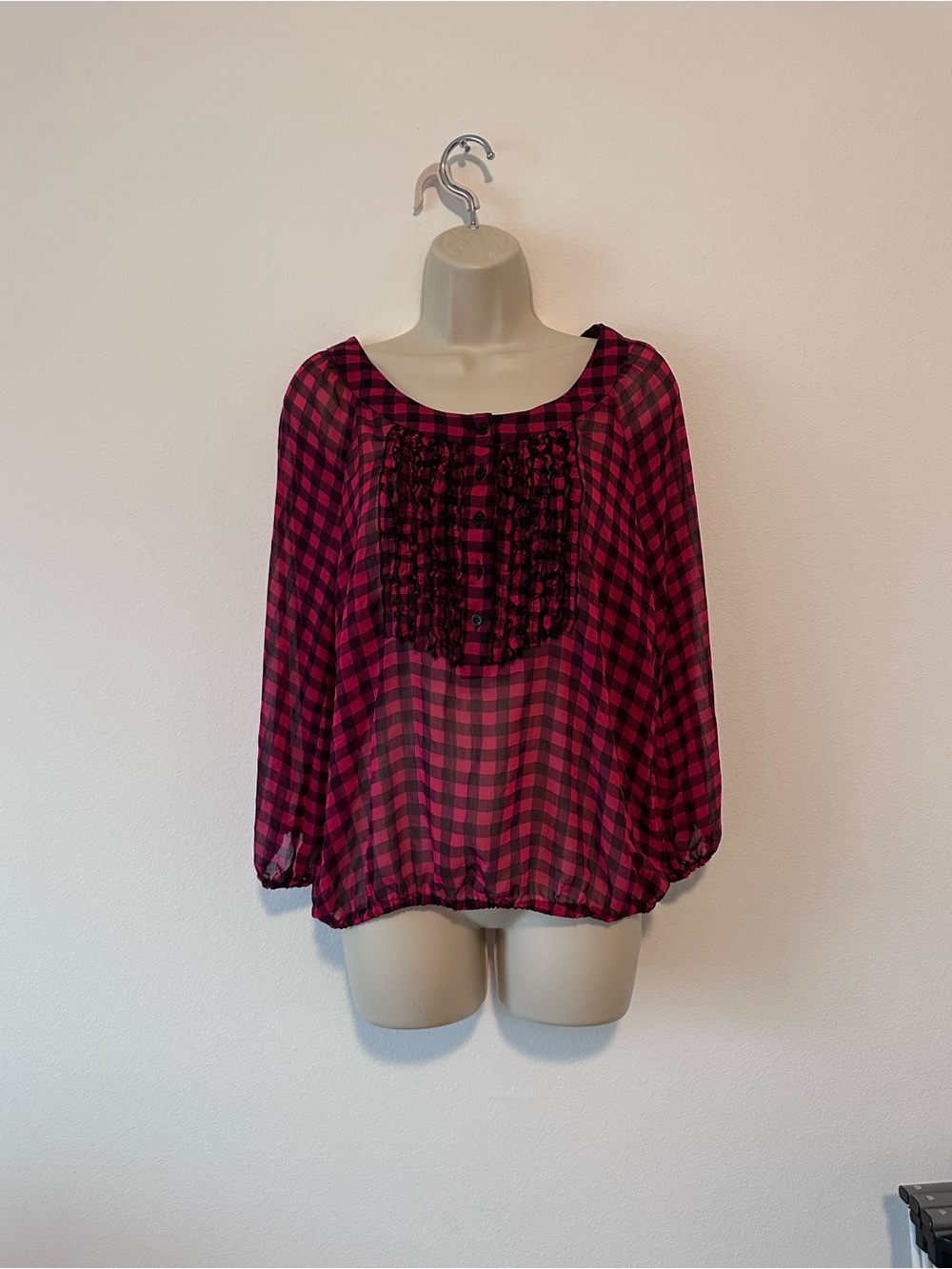 Women's Magenta Plaid Ruffle Front Blouse